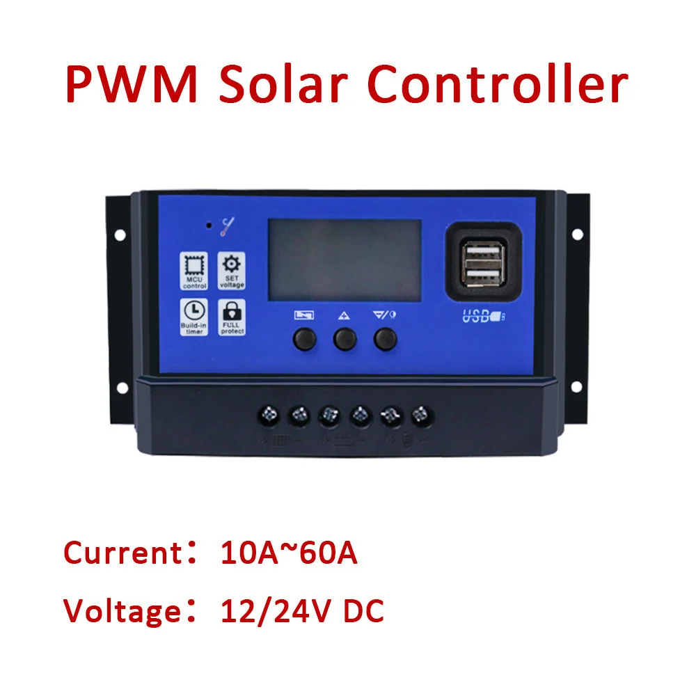 20A PWM Solar Controller LCD Display Off Grid Battery Charger With USB Port 12 24V Regulator 10A 60A 30A 40A 50A Home Appliance