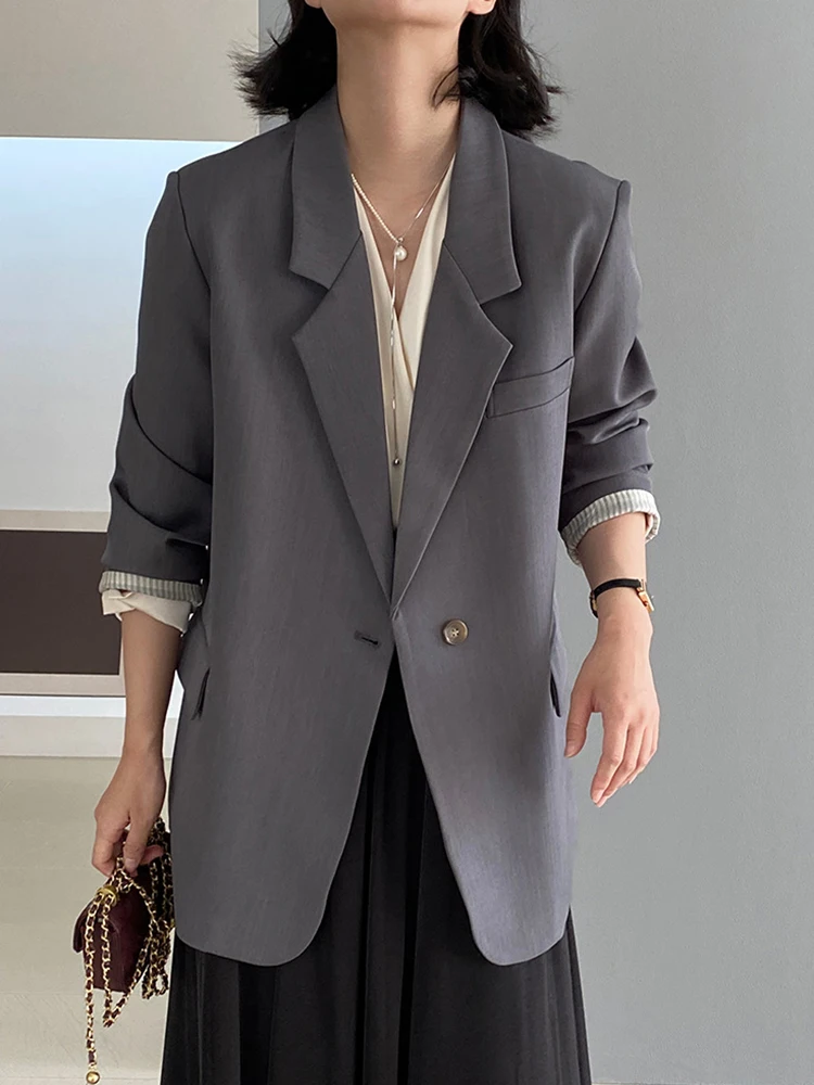 [LANMREM] Office Lady Loose Blazers For Women Notched Single Button Minimalism Female Jackets 2024 Autumn New Coat 26C403