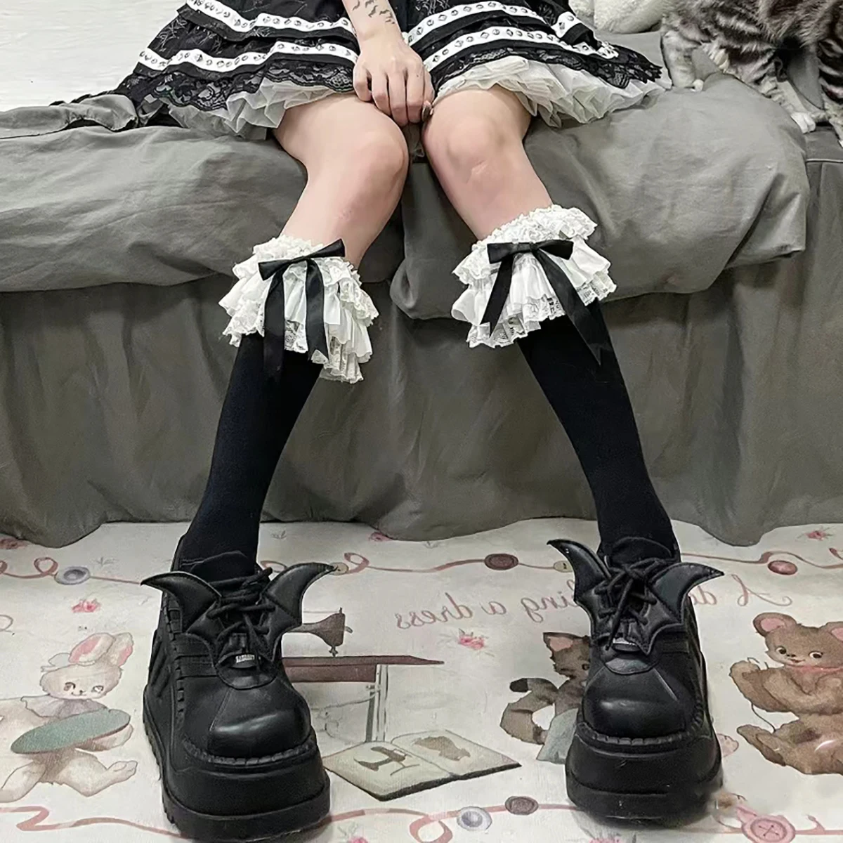 JK Lolita Women Stockings Y2k Girls Ruffle Long Socks Stockings Japanese Style Kawaii Bowknot Cute Lacework Knee Socks Stockings