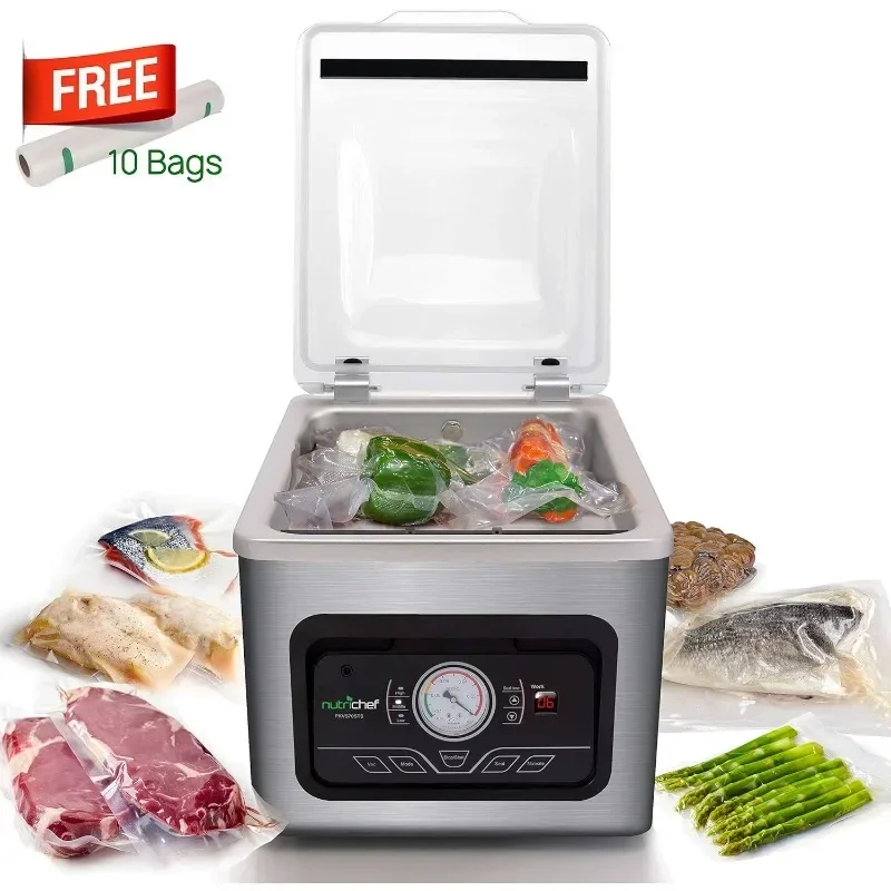 NutriChef 350W Vacuum Sealer Machine 8L Chamber Commercial Food Sealer, Automatic Meat Packing and Sous Vide System