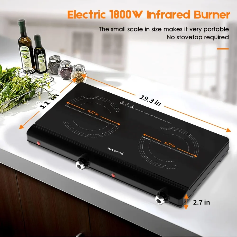 Electric Hot Plate for Cooking, Infrared Double Burner,1800W Portable Electric Stove,Heat-up In Seconds,Countertop