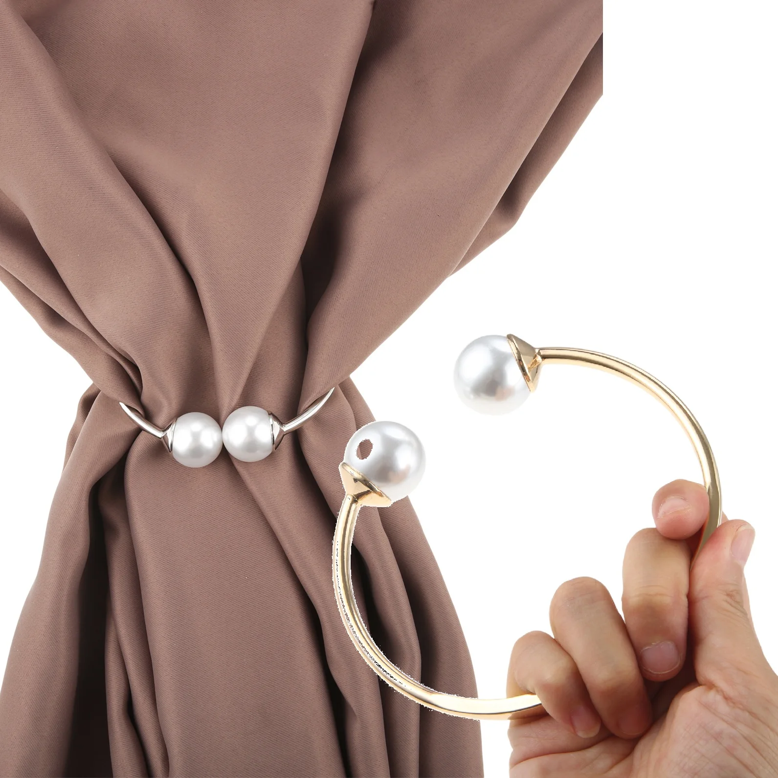 2Pcs Metal Pearls Curtain Tiebacks Round Spring Metal Window Draperies Tie Backs Buckle Clips Bathroom Decorative Accessoires