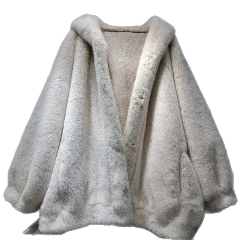 WTHT 패션 여성용 단색 인조 모피 따뜻한 코트 2025 겨울 트렌디 후드 긴 소매 재킷 여성용 1LS2696