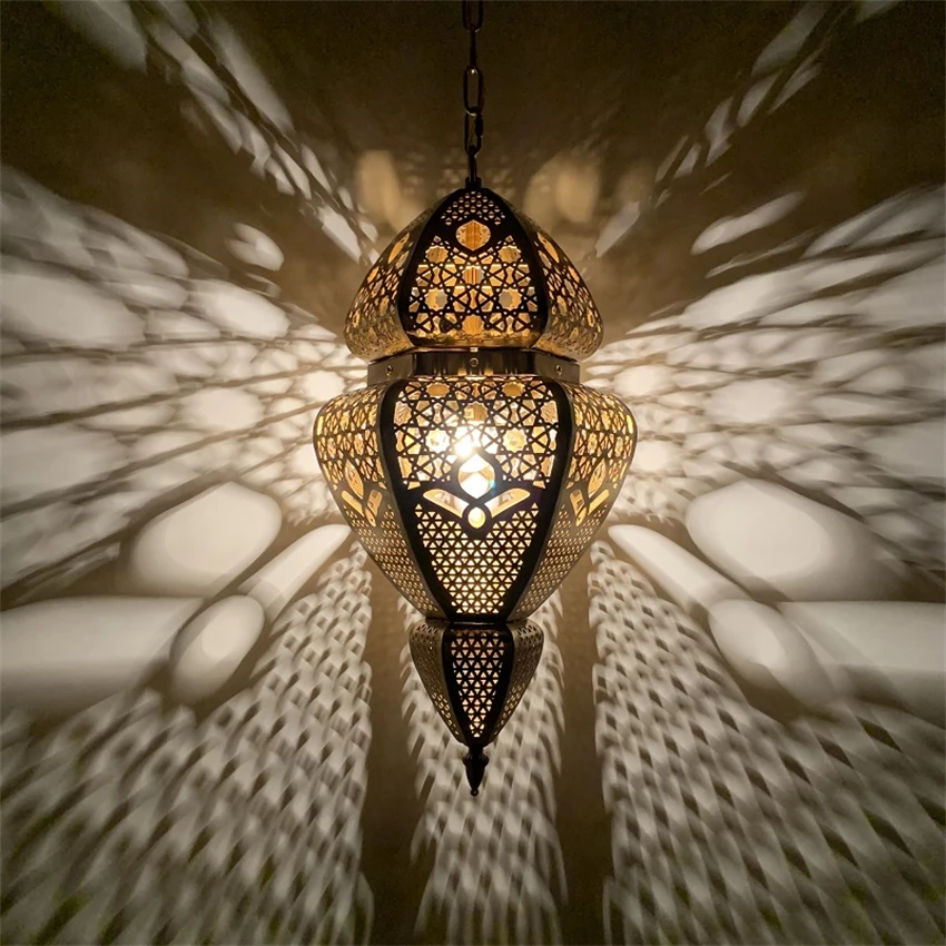 Moroccan hollow carved bronze pendant lights bedroom living room vintage restaurant hotel metal hanging lamps decor lighting