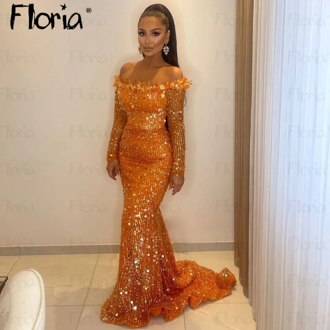 Floria Orange Crystals Boat Neck Mermaid Evening Dress With Long Sleeve Sweep Train Sparkle Sequins Wedding Party Dress Custom