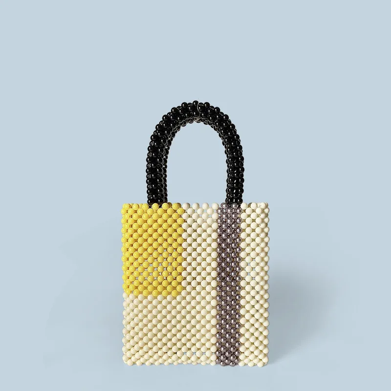 

New Color Blocked Versatile Handbag Handmade Bead Woven Women's Bag Simple Niche Retro Hand-held Small Square Bags Customizable