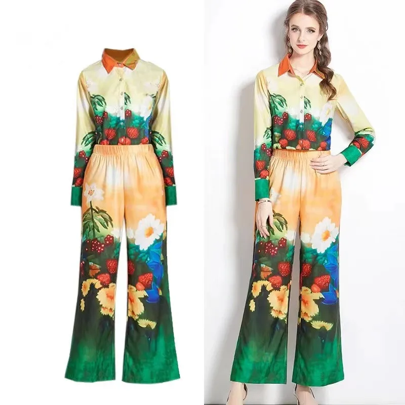 

Runway Autumn Flower Pant Suits Women Lapel Single Breasted Printed Shirt + Elastic Waist Floral Wide Leg Trousers 2 Piece Set