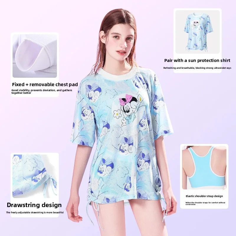 디즈니 커버업 3피스 수영복, 새로운 여성용 2피스 자외선 차단 수영복 해변 및 온천에 적합