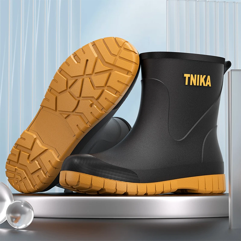 Fashionable Men's Short Tube Rain Boots Flat Bottom Lightweight Kitchen Anti-slip Rubber Shoes Thick Bottom Water Shoes Work