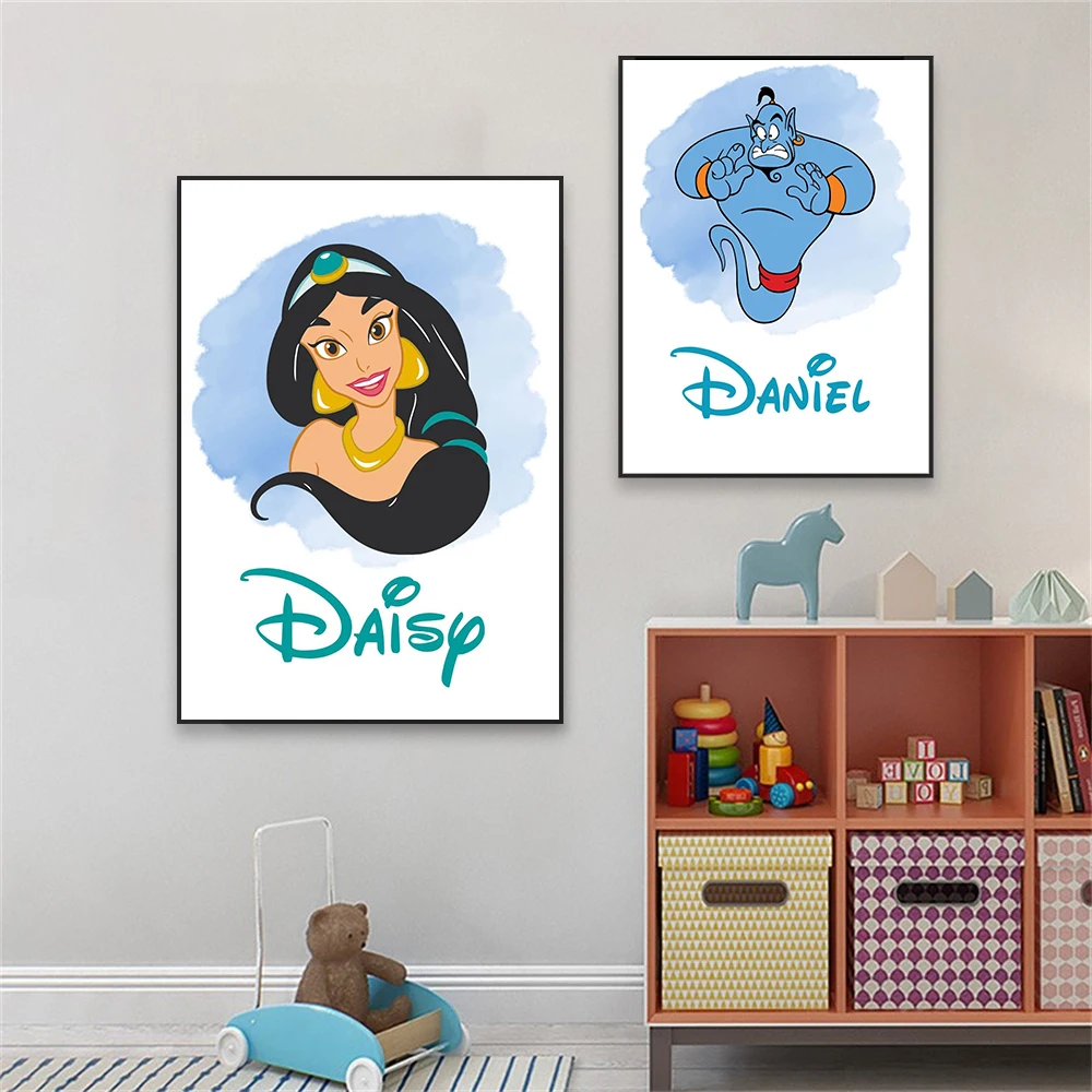 Disney Personalised Name Poster Princess Jasmine and Aladdin Cartoon Prints Aladdin Flying Carpet Canvas Painting Kid Room Decor