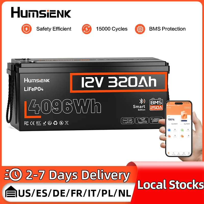 Humsienk 12V 300Ah(320Ah) Lithium Iron Phosphate Bluetooth Battery Built-in 250A BMS Great A+ Cells For Camping, Boating,Fishing