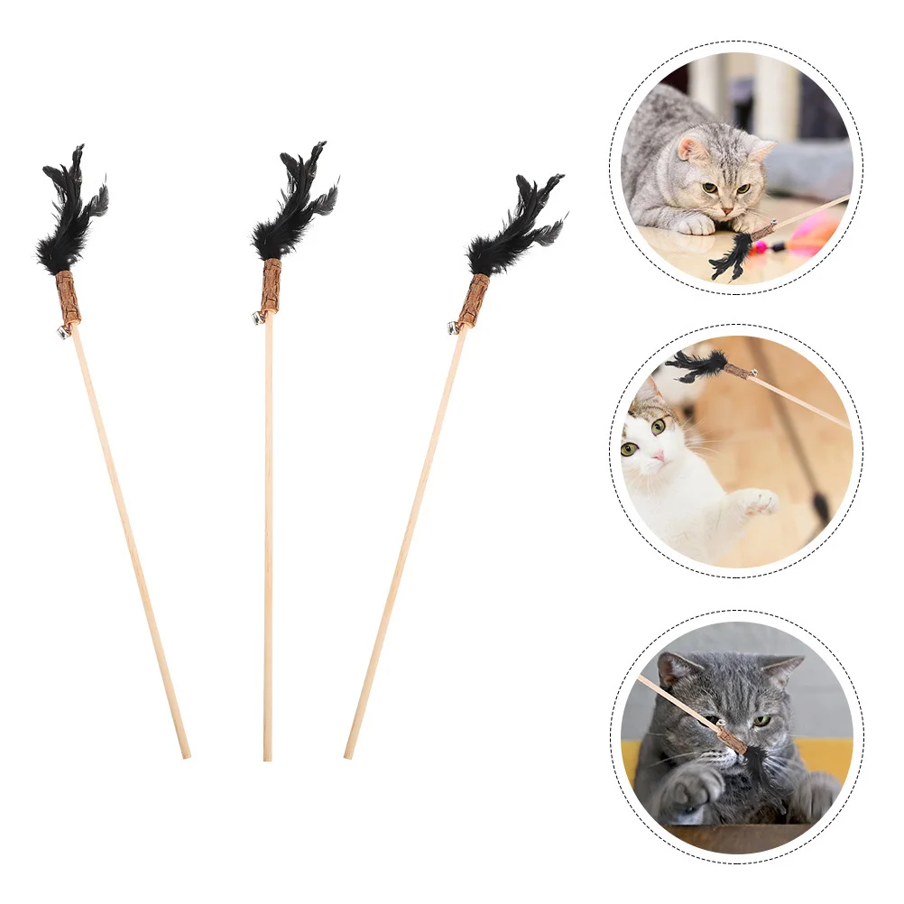 

3Pcs Cat Teaser Durable Wood Plume Interactive Wand for Cats Kitten Playthings Stress Relief Indoor Cat Fishing Pole