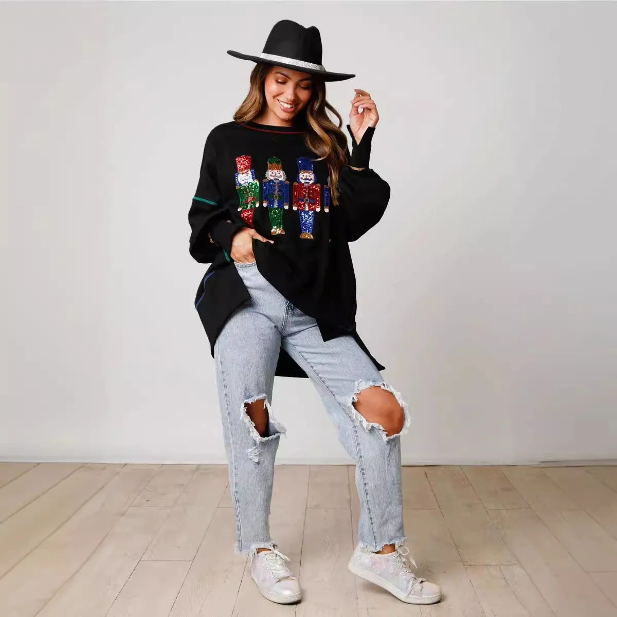 Women Y2k Nutcracker Graphic Sweatshirt Sequin 2024 Christmas Sweater Nutcracker Shirt Crewneck Long Sleeve Pullover Jumper Tops