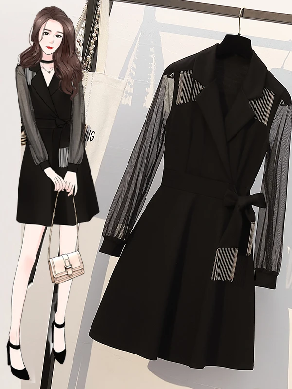 

Elegant Suit Collar Dress Spring Autumn plus Size Conceals Belly Slimming Fashionable Little Black Dress Korean Style