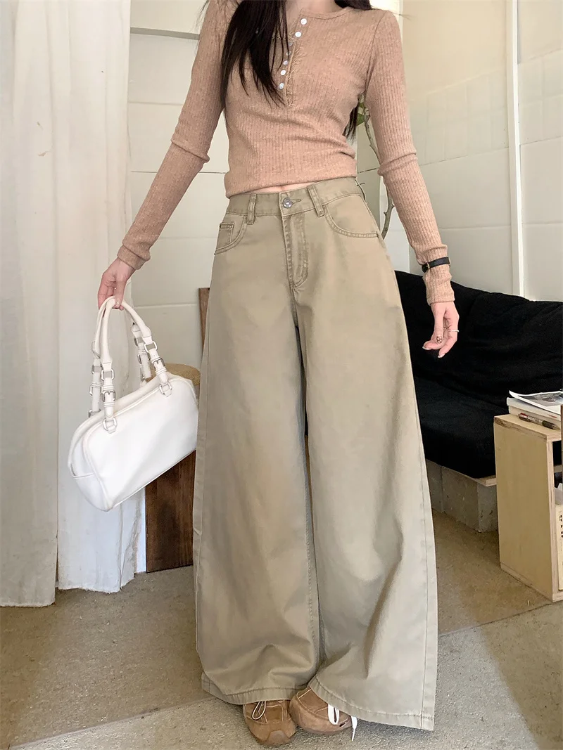 

Женские джинсы S-2XL, весна 2026, с высокой талией, широкие штанины, уличный стиль, повседневные, цвет хаки, прямые джинсовые брюки (SD5921)