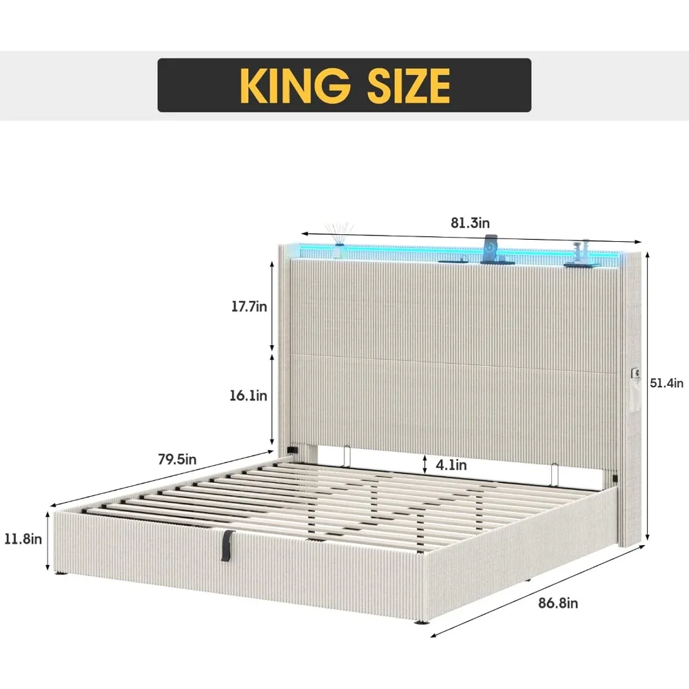 King Size Bed Frame with 51.2'' Tall Wingback Headboard, LED Lights and Charging Station, Corduroy Upholstered Lift Up Bed Frame