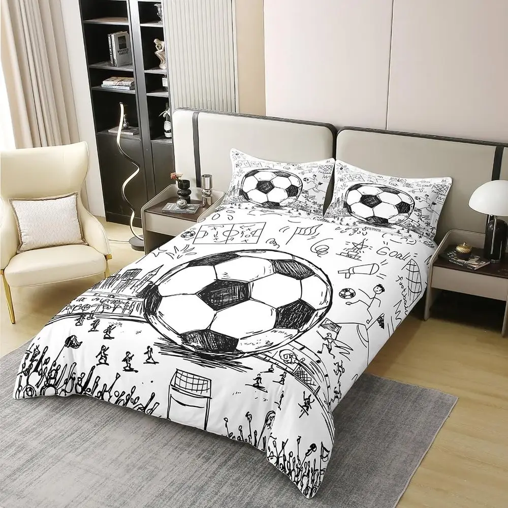 

100% Organic Cotton Soccer Theme Duvet Cover Set, 2-Piece Bedding, Twin Size, White & Black, No Comforter