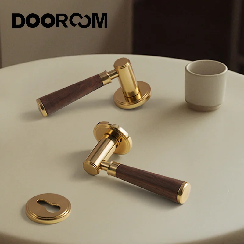 DOOROOM Brass Door Lock Set Modern Walnut Wood Simplicity Trapezoid Light Luxury Wooden Door Handles Furniture Bedroom Door Lock