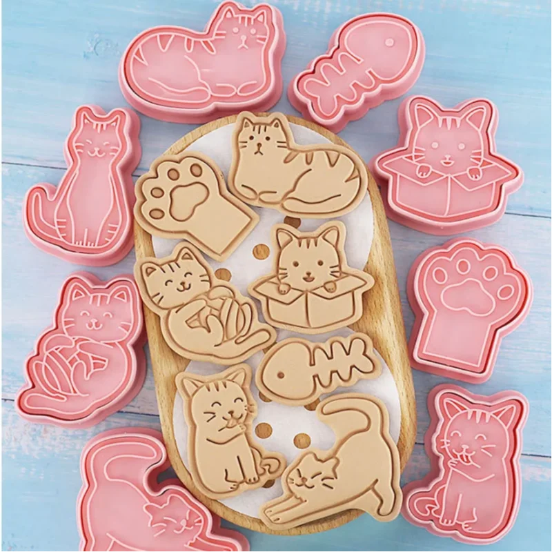 8pcs/set Cute Animal Cat Dog Cookie Mold Set Cartoon Claw Fish Bone Shape Biscuits Stamp Fondant Molds Cake Baking Tools