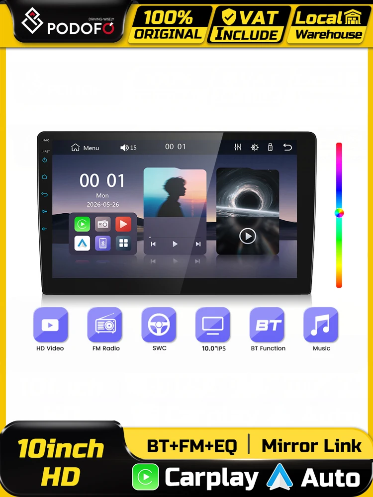 Podofo 2 Din 10-calowy Radio Samochodowe MP5 z Bezprzewodowym Carplay / Android Auto, Mirror Link, Ekran Dotykowy HD, Radio FM, Bluetooth, Odtwarzacz Multimedialny Wideo, Obsługa Kamery Cofania i DVR, — 2