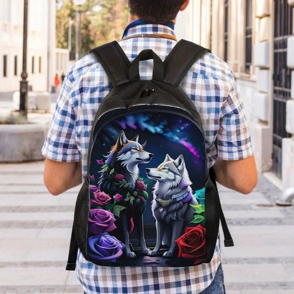 Night Flower Wolf Printed Casual Backpack, Large Capacity Men's and Women's Travel Backpack, Lightweight Laptop Shoulder Bag