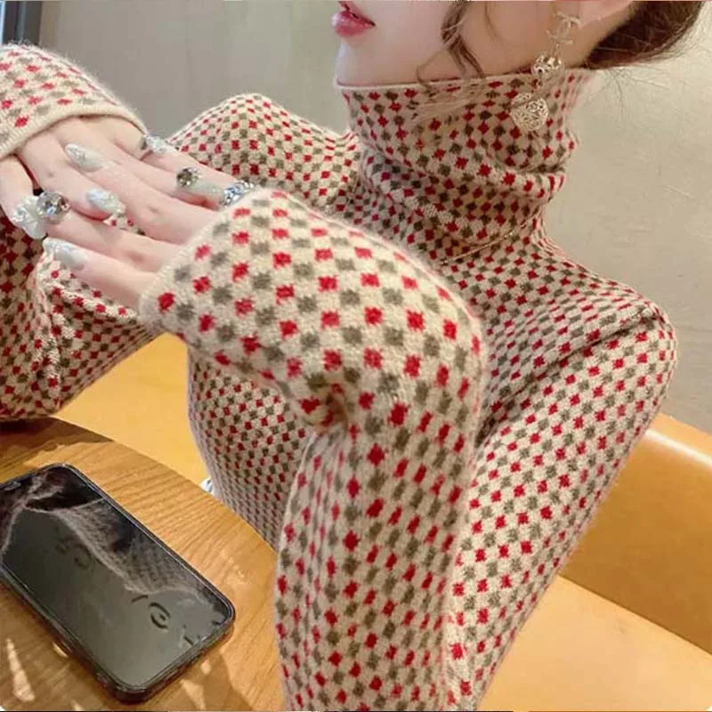 Women's Clothing Fashion All-match Turtleneck Sweaters Autumn Winter Elegant Chic Gingham Knit Pullovers Office Lady Slim Tops