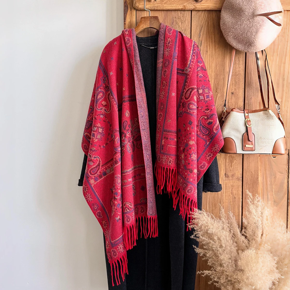 Brand Fashion Women's Winter Cashmere Wrap - Vintage Oil Painting Floral Printed Tasseled Pashmina Thick Shawl, Scarf & Echarpe