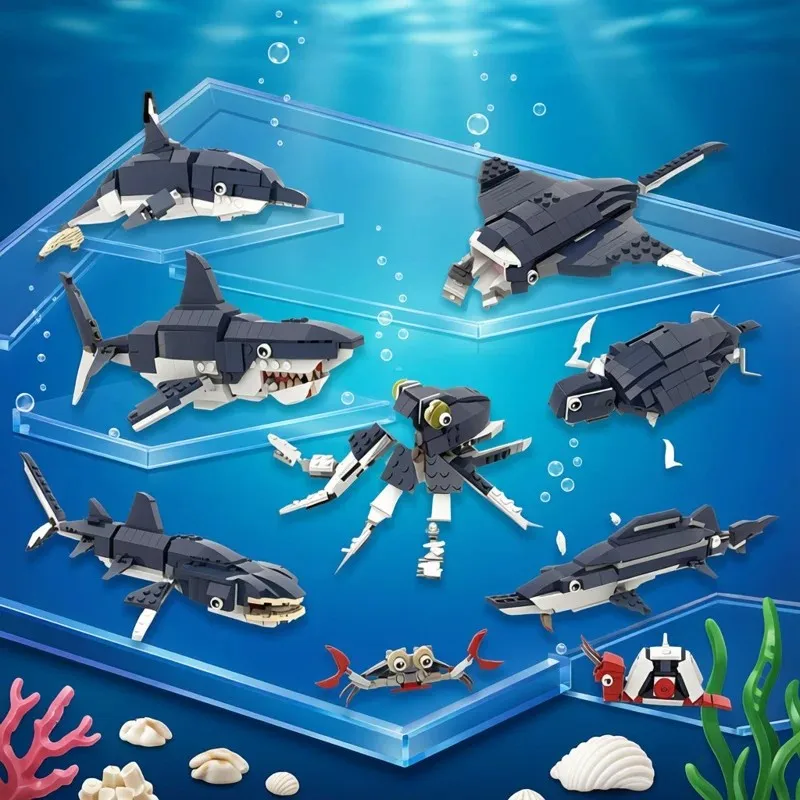 MOC Kreatives Ozean-Biologie-Set: Weißer Hai, Oktopus, Delfin - DIY Puzzle-Bausatz, Montage-Spielzeug, Geburtstagsgeschenk, Dekoration