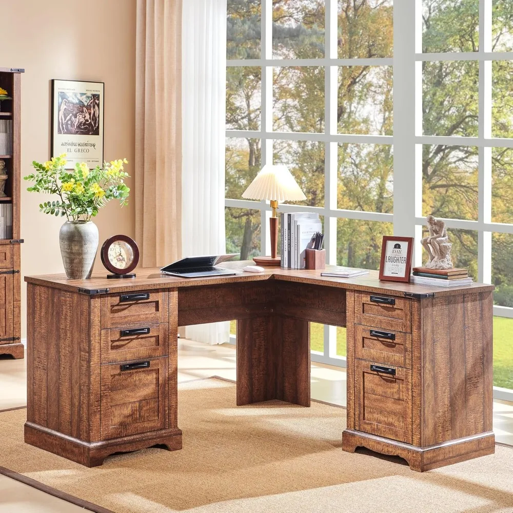 60 inch farmhouse L-shaped executive desk with drawers, charging station, storage cabinet, wooden home office corner table