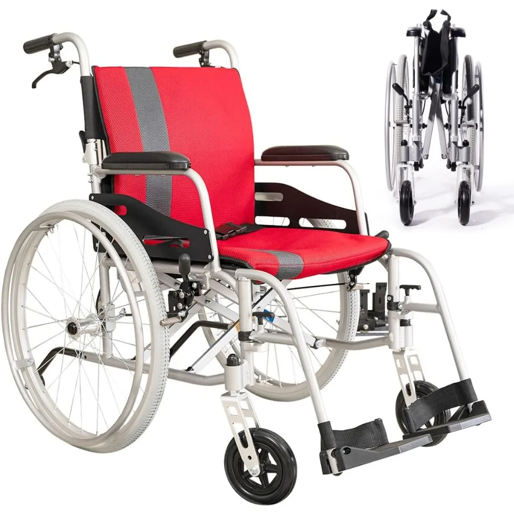 

Lightweight Wheelchair 21lbs Self-propelled Magnesium Chair with Travel Bag and Cushion, Portable and Folding 17.5” W Seat