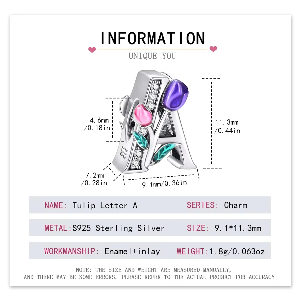 PANQDIY Pandorai-Buchstabenanhänger aus 925er-Sterlingsilber, Tulpenblüten-Charm, A-Z-Buchstabenanhänger für DIY-Armband, Schmuckherstellung