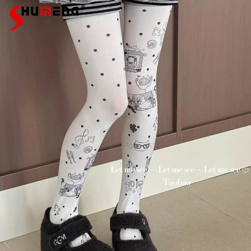 

Fashion Original Niche Design Y2K Cartoon Print Pantyhose Graffiti Hot Girl Polka Dot Stockings Women's Y2k Slimming Sexy Tights