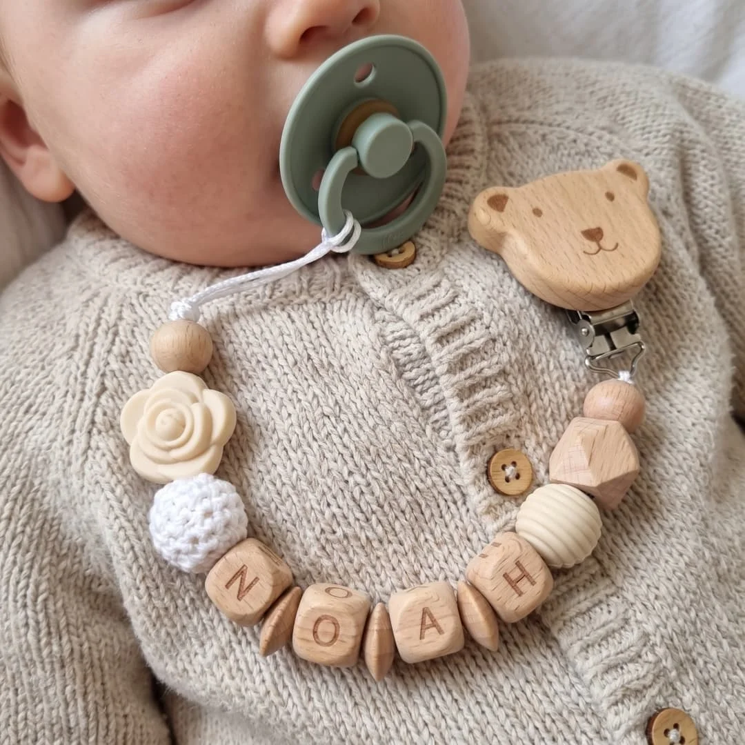 Custom Name Pacifier Clip Wooden Bear Clip Beige Flower Silicone Beads Crochet Ball Baby Dummy Chain Soother Holder Gift
