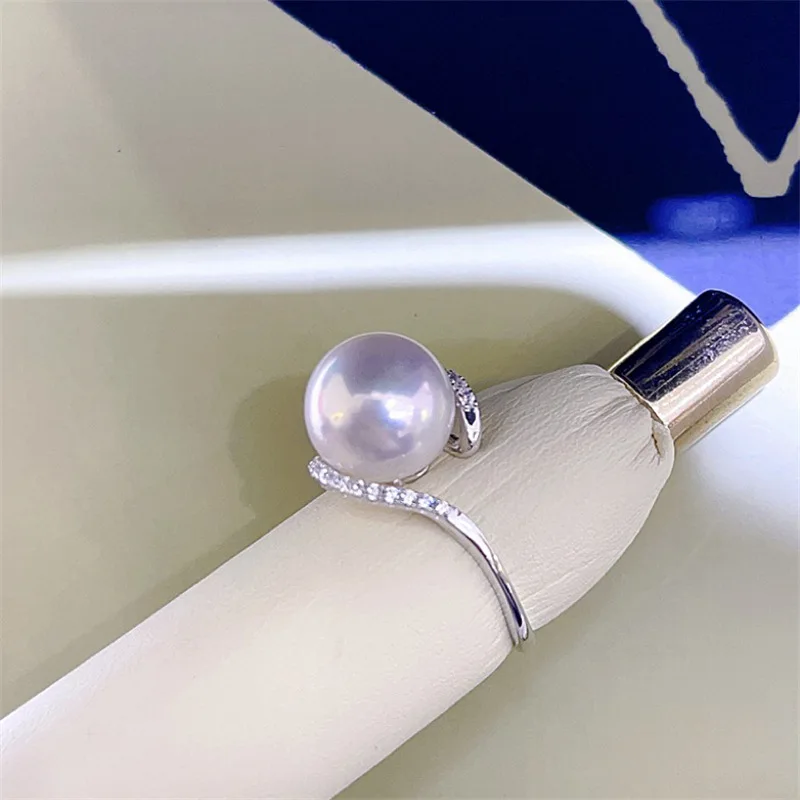 Seawater akoya white pearl AAAA11-12mm round strong light pearl S925 silver opening ring