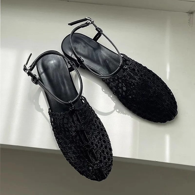 

Новинка лета 202, женские плетеные тапочки с открытым носком, повседневная пляжная женская обувь на плоской подошве с круглым носком для отдыха и отдыха