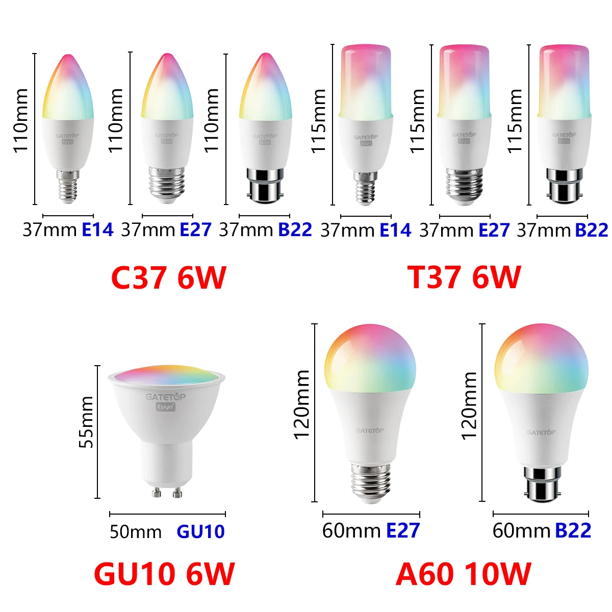 tuya Rgb Smart Light Bulb Dimmable Gu10 C37 A60 B22 E14 E27 Wifi Led Magic Lamp AC 110V 220V 6W 10W Work With Alexa Google Home