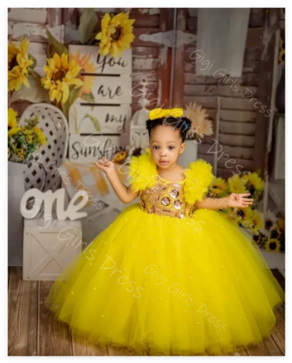 فستان فتاة الزهور الصفراء لحفلات الزفاف بدون أكتاف مزين بالترتر من التول فستان الأميرة مخصص لحفلات أعياد ميلاد الأطفال #1