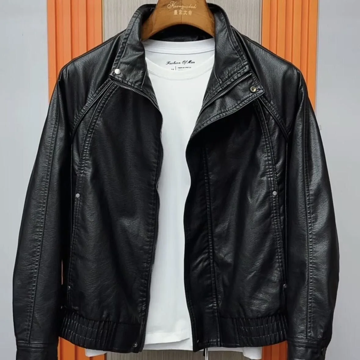 

Sli Faionable Men's Leather Jaet Biker Sle Stand Collar Hong Kong Sle PU Leather Long Sve Windproof Waterproof