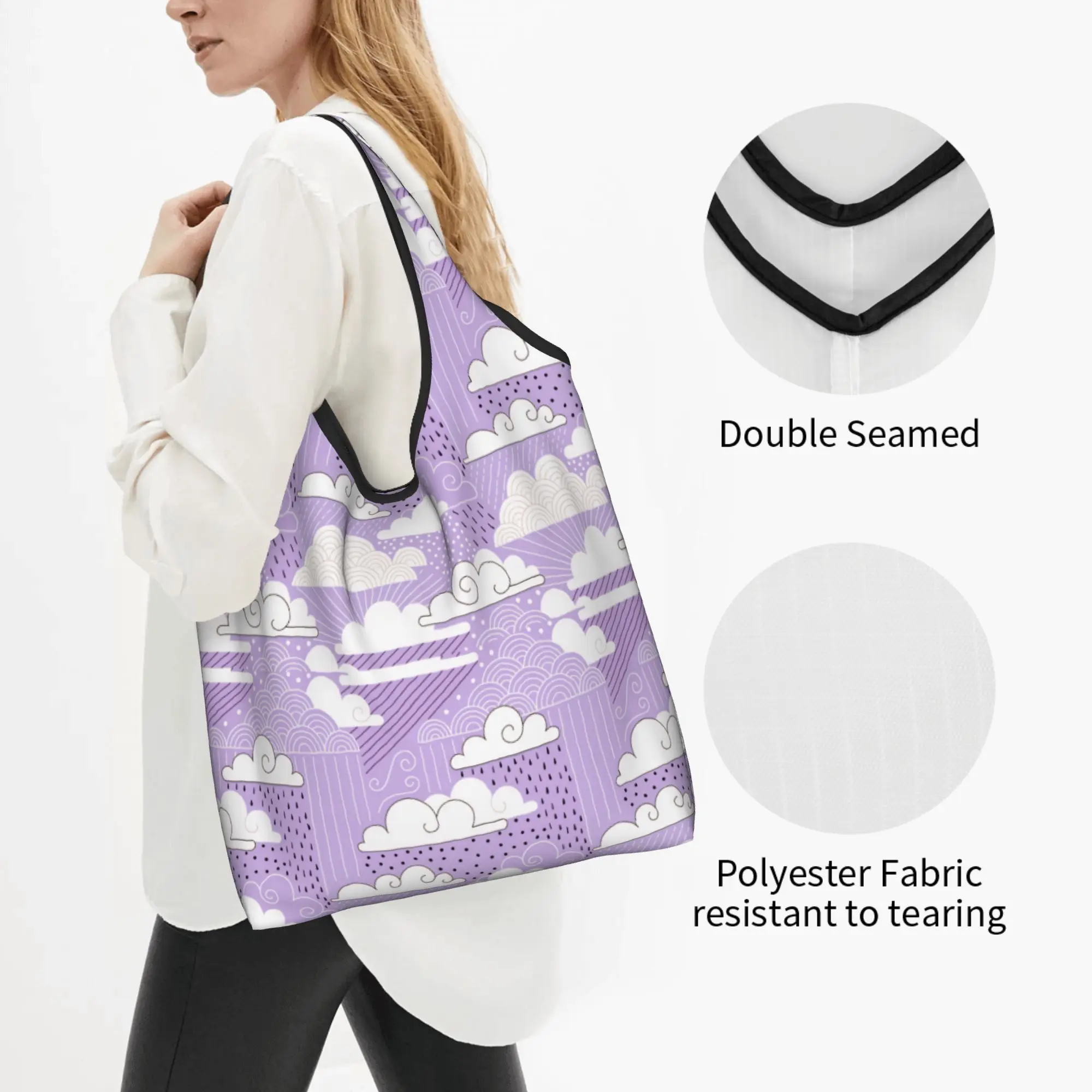 Cloud Art Deco Lilac Showers Traditional Japanese  Grocery Tote Shopping Bag  Kawaii  Shoulder Shopper Bag Big Capacity Handbag