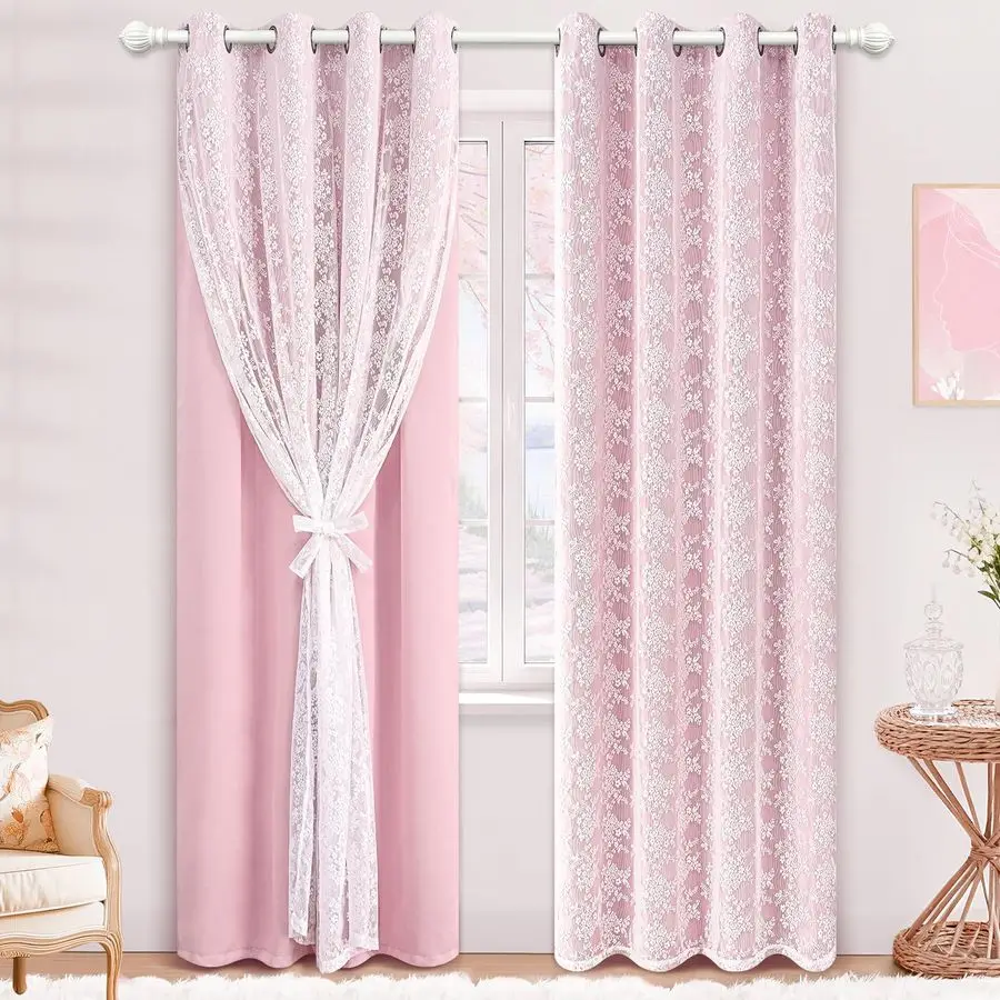 

Pink Curtains for Girls Room Double Layer Blackout Curtains for Bedroom 84 Inches Long Nursery Curtain for Living Room, Grommet