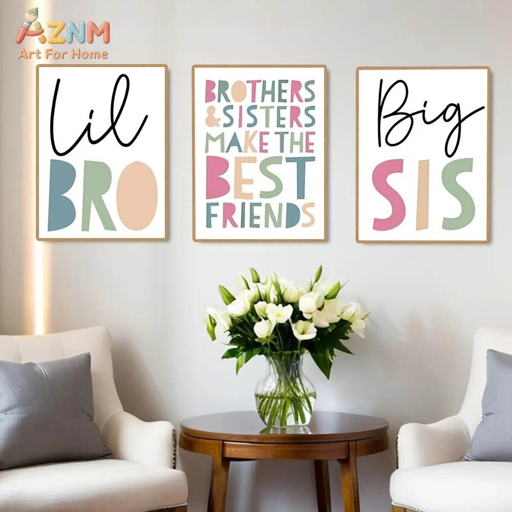 AZNM Big Sis Lil Bro Brothers And Sisters Make The Best Friends Quote Canvas Wall Art, Neutral Colorful Typography Sibling Room