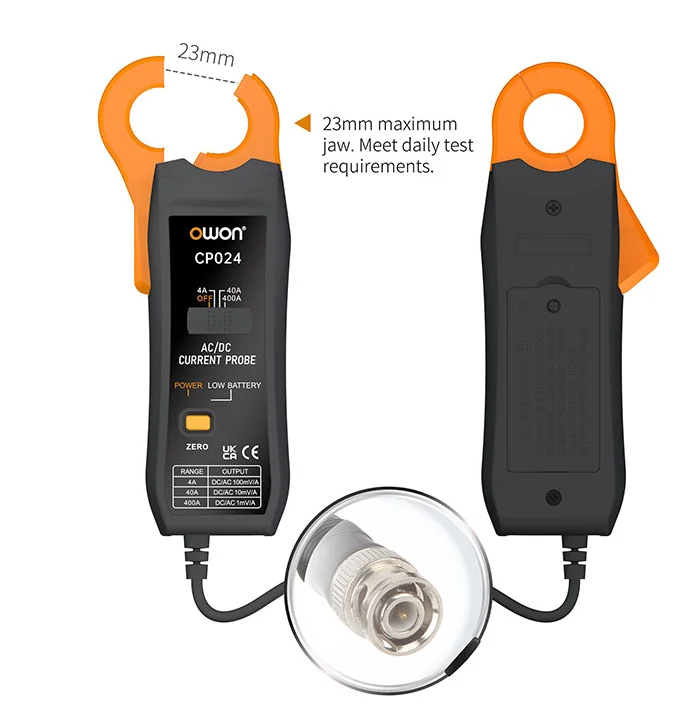 Owon CP024 DC/AC proud sonda pro digitální úložný osciloskop 4A na 400A 200khz bandwidth 23mm čelist three-gear proud skoba