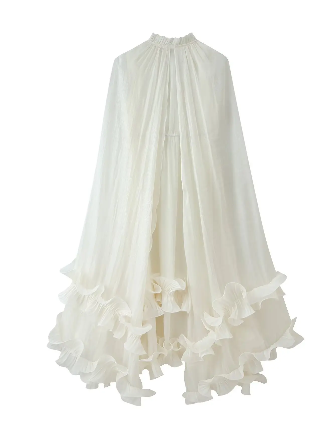 Women Elegant Ruffles Hem Beige Long Evening Dress Sleeveless Cloak Style Maxi Dresses