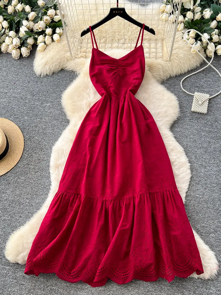 

2026 New Summer Women V-Neck Sleeveless Dress Embroidery Hollow Out Ruffles Patchwork Solid Color Long A-line Strap Dress