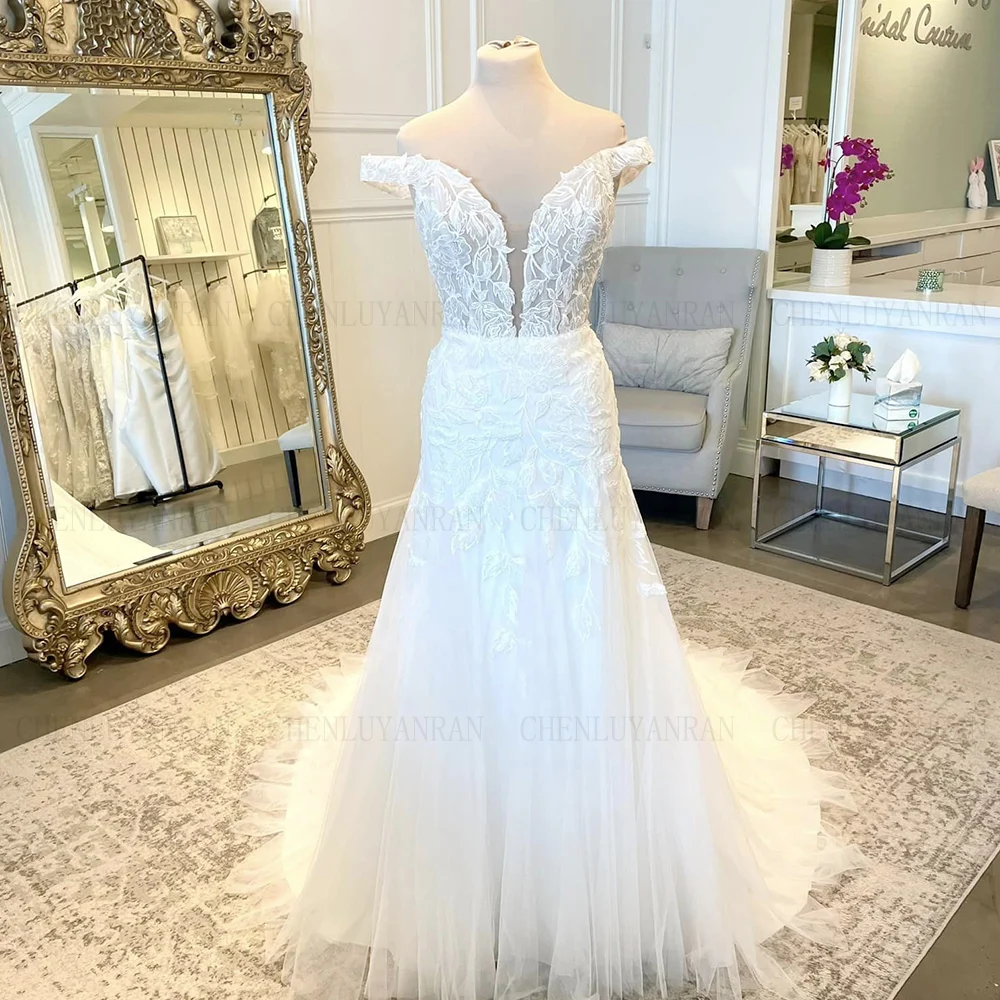 

Свадебные платья русалки с открытыми плечами, кружевные аппликации, тюлевые платья невесты, платья высокого качества для женщин, 2025 Robe De Mariée