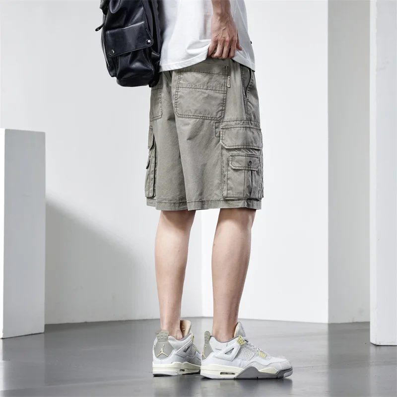 Pure cotton large pocket workwear shorts for men's summer slim trendy khaki loose  casual sports cargo shorts streetwear pants