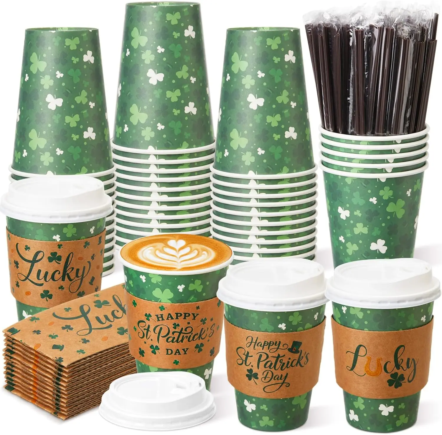 

100 Sets St. Patrick's Day Disposable Coffee Cups with Lids and Sleeves, Straws 12 oz Green Shamrock Drinking Cups for H