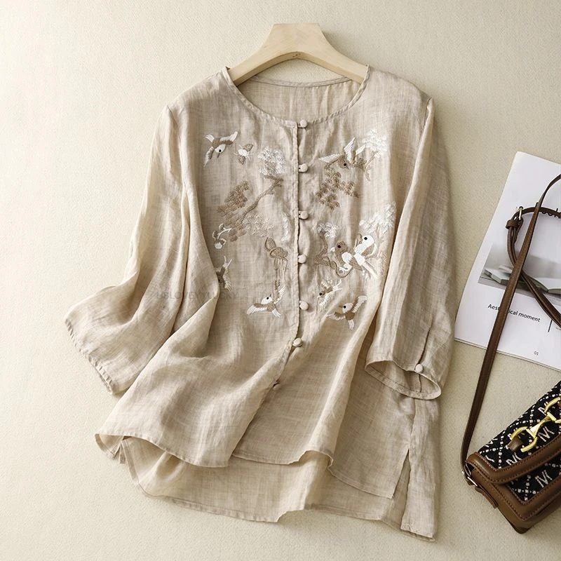 New Chinese Style Improved Qipao Top Exquisite Embroidery Tea Art Top Flower Bird Long Sleeved Button Cotton Linen Blouse