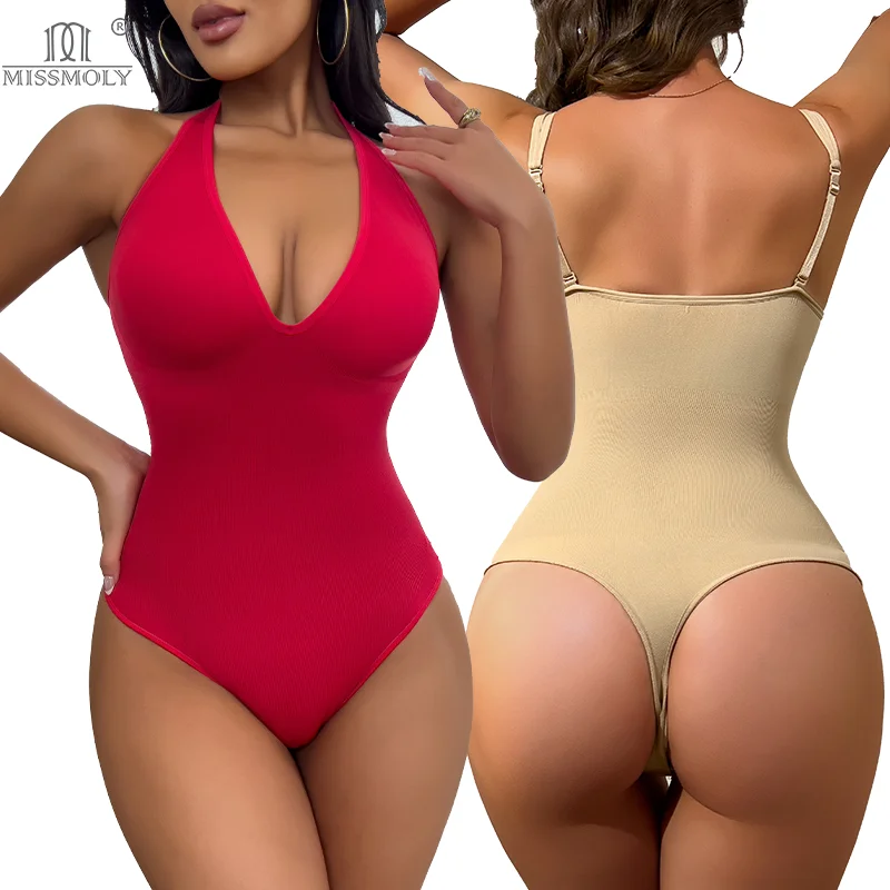 

Miss Moly Deep V Bodysuit for Women Adjustable Strap Shapewear Halter Top Tummy Control Fajas Colombianas Thong Sexy Body Shaper