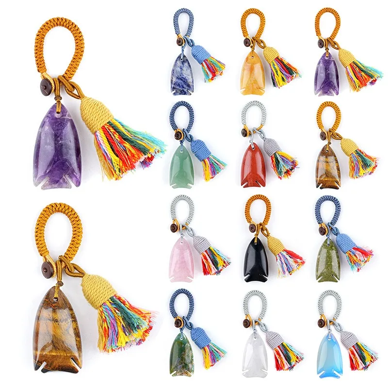 5pcs/lot Natural Stone Agate Jade Fish Shape Cotton Tassels Keychain Portable Pendant for Bag Clothing & Car Interior Ornament